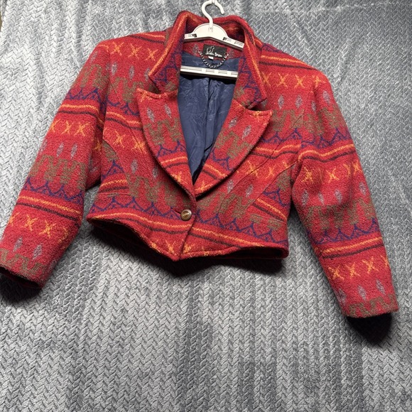 Vtg 80s 90s Jonathan Stevens Womens Large Aztec Boho Wool Cropped‎ Jacket Blazer - Picture 7 of 10